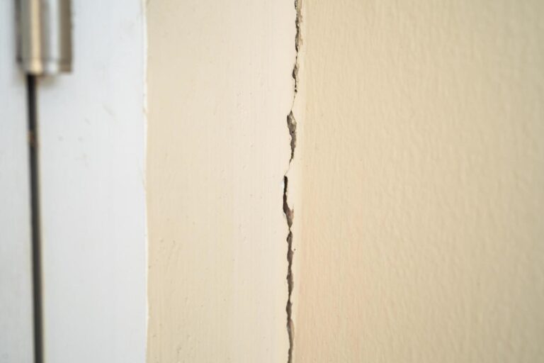 settlement cracks of cement wall that occur at expansion joints in house structure free photo